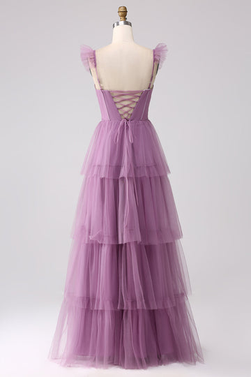 Vestido de fiesta largo plisado plisado de tul púrpura de una línea con abertura